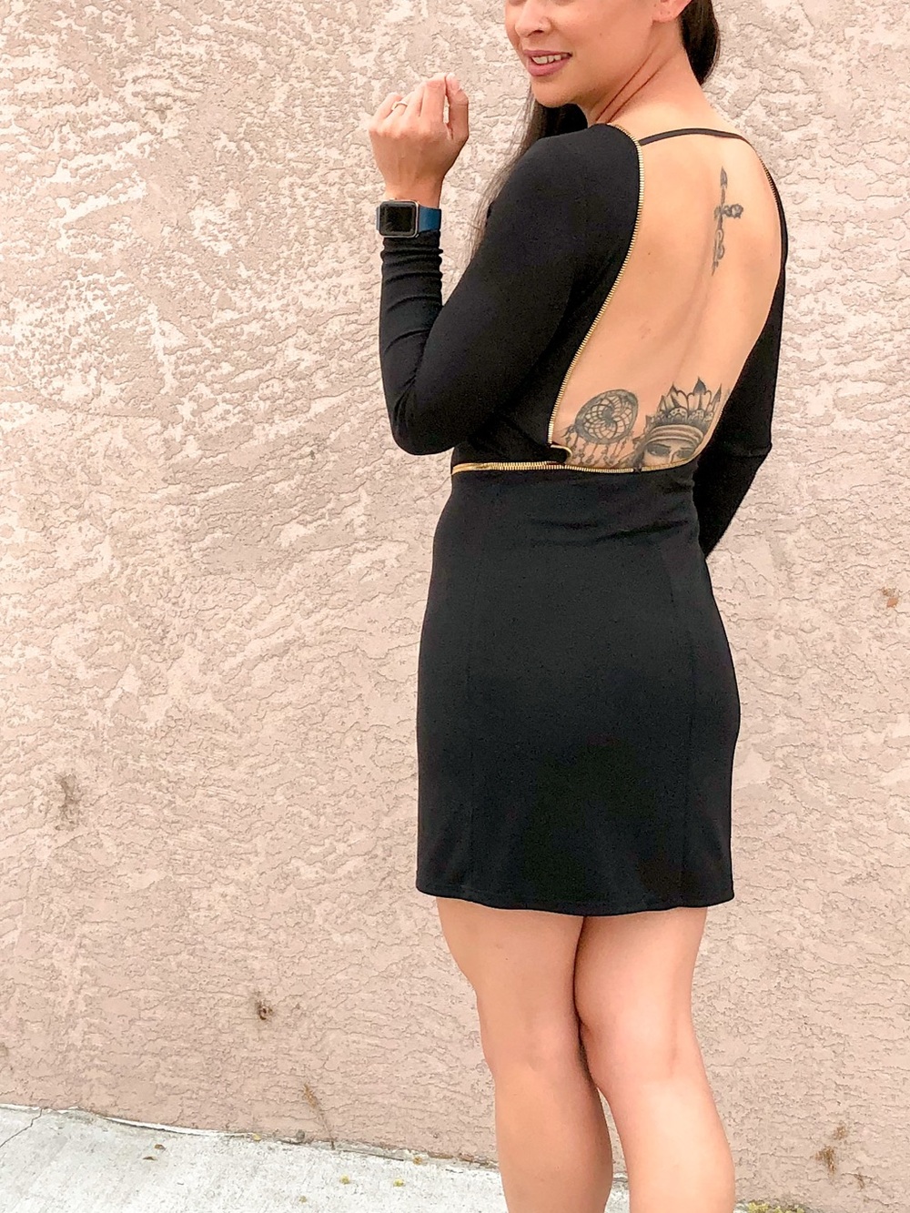 Guess by Marciano Black Long-Sleeve Sheath Dress with Gold zipper trim